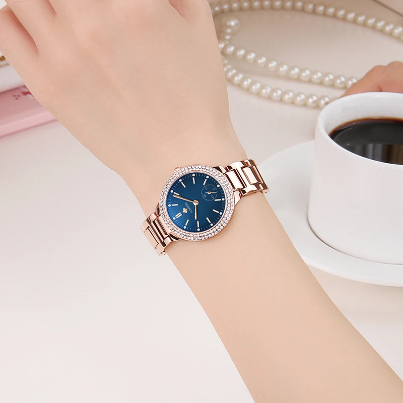 WWOOR Ladies Watches Top Brand Luxury Diamond Rose Gold  Bracelet Watches For Women Stainless Steel Blue Dial Quartz Wrist Watch