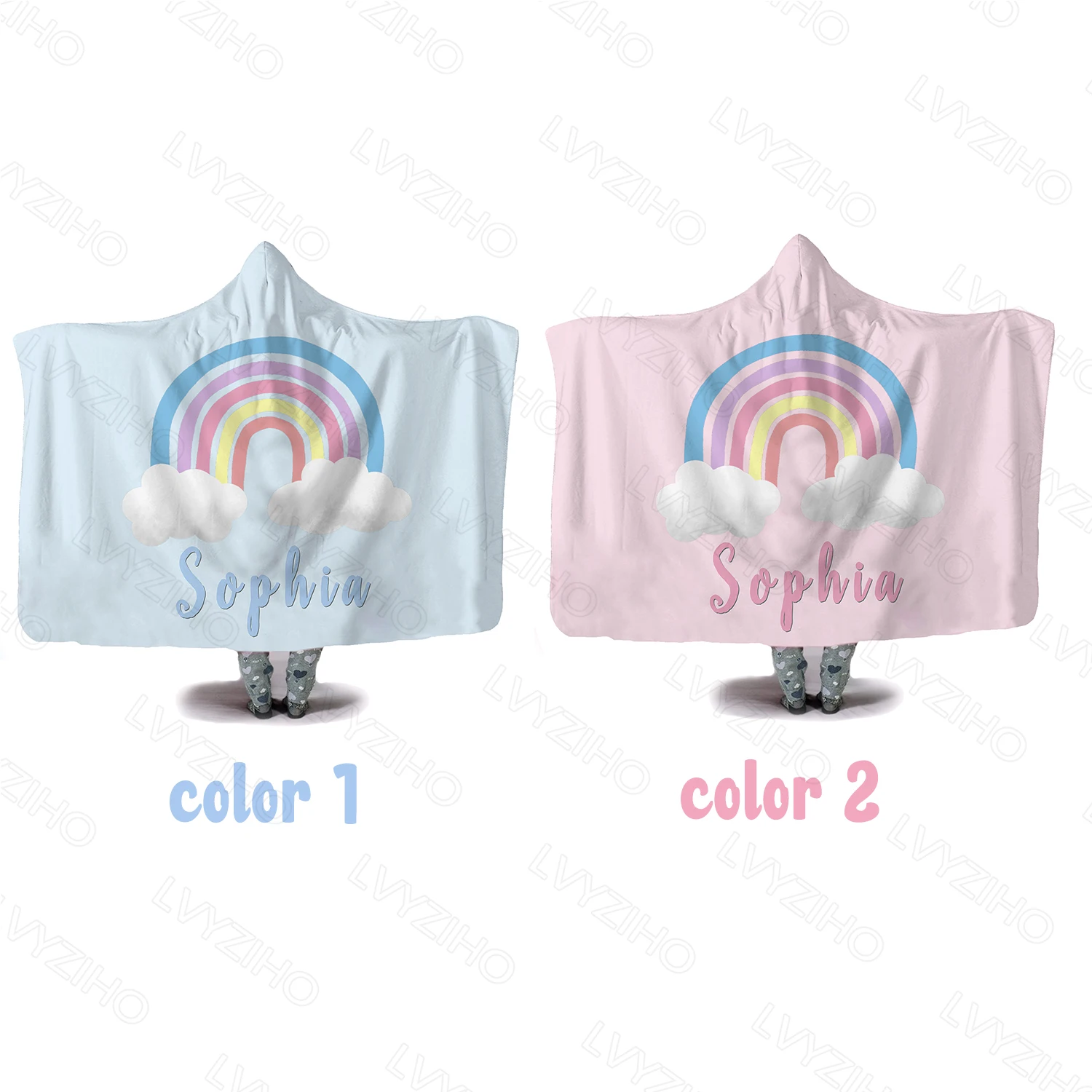 LVYZIHO Custom Name Rainbow Hooded Blanket Two Size For Adults / Kids Warm Home Picnic Wearable Fleece Blankets