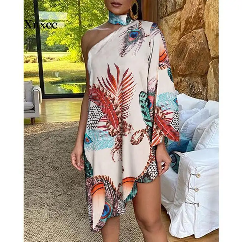 New Fashion Vintage Women Loose Dress Stand Neck One Shoulder Figure Print Irregular Ruffle Dress Ladies Vestido Robe