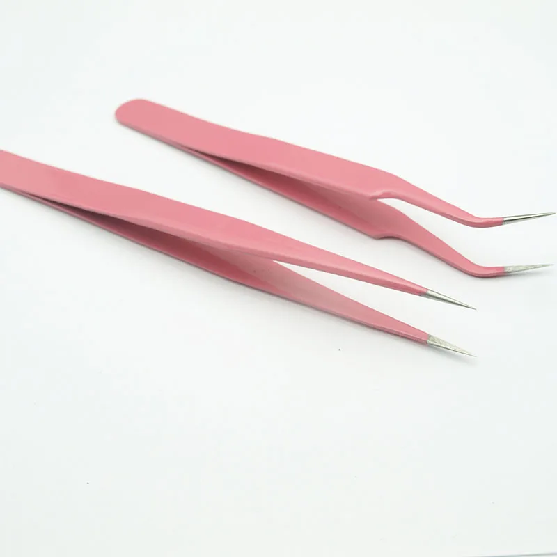 EasyNail 2PCS Pink Straight & Curved Tweezer For Eyelash Extensions Nail Art Nippers Hot Sell.