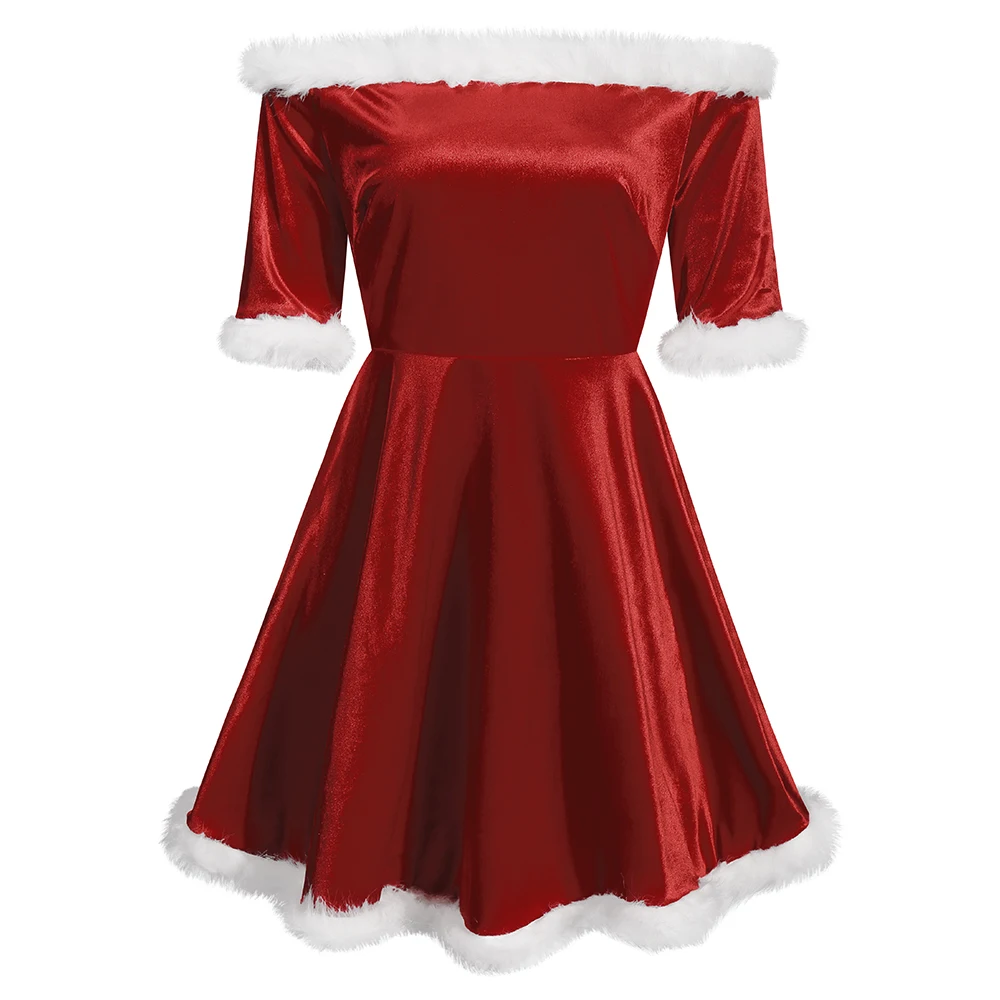 Women\'s Christmas Dress Santa Claus Cosplay Costume Plush Patchwork Half Sleeve Off Shoulder Slim Fit A-Line Dress Xmas Clothes