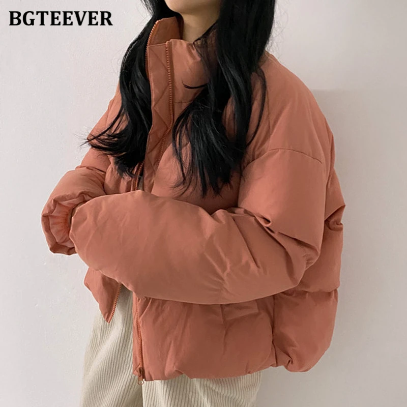 BGTEEVER Chic Winter Turtleneck Thicken Warm Women Down Jacket Full Sleeve Zippers Loose Casual Cotton Padded Female Parkas 2021