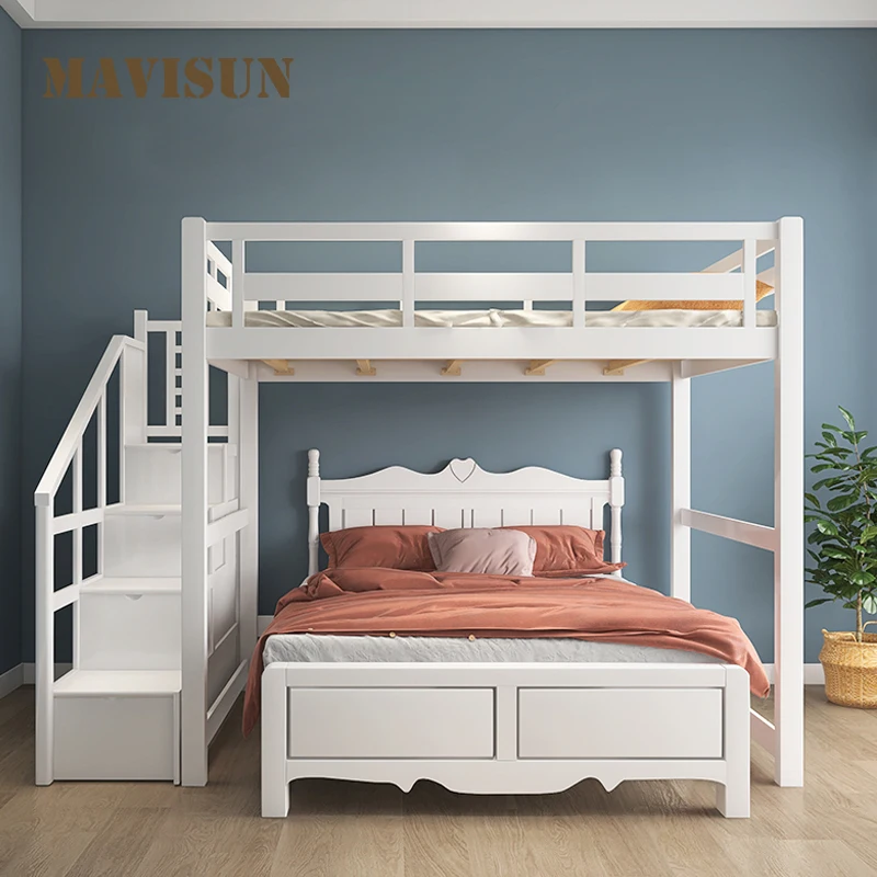 

White Color Staggered Ladder Cabinet Bed German Beech Natural Style Bedroom Furniture Bunk Bed With Drawers For Children