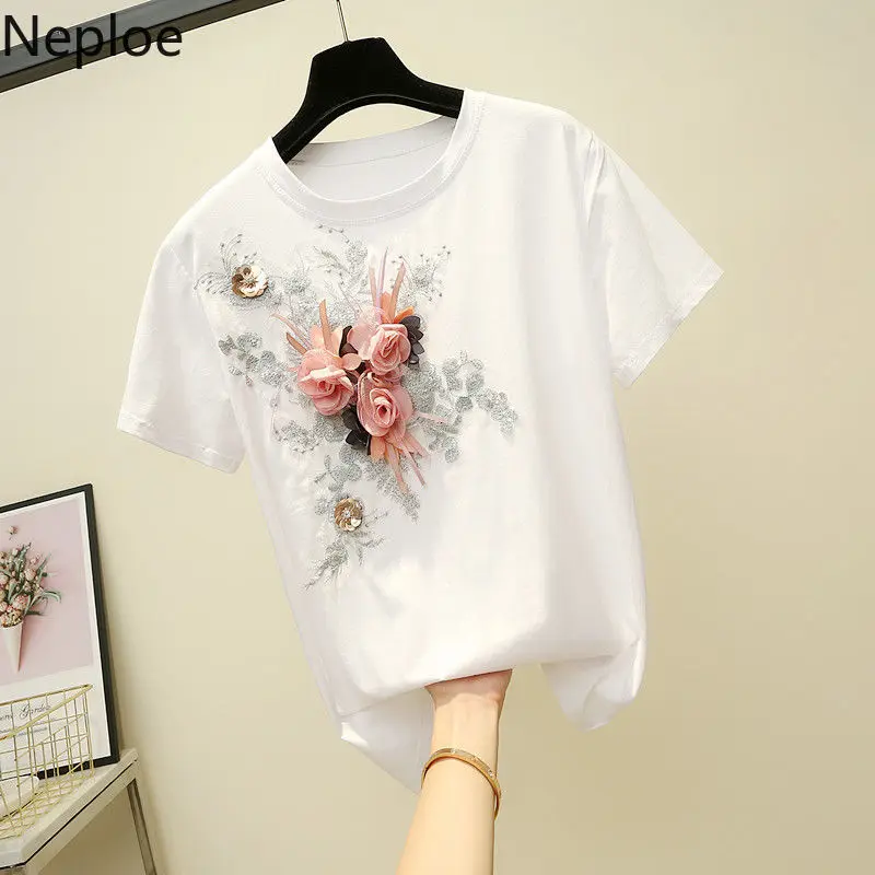 Neploe O Neck Flower Embroidery Pullover T Shirt Women Loose Causal Pink Short Sleeve Tees Summer 2024 New Cutton Top 49174