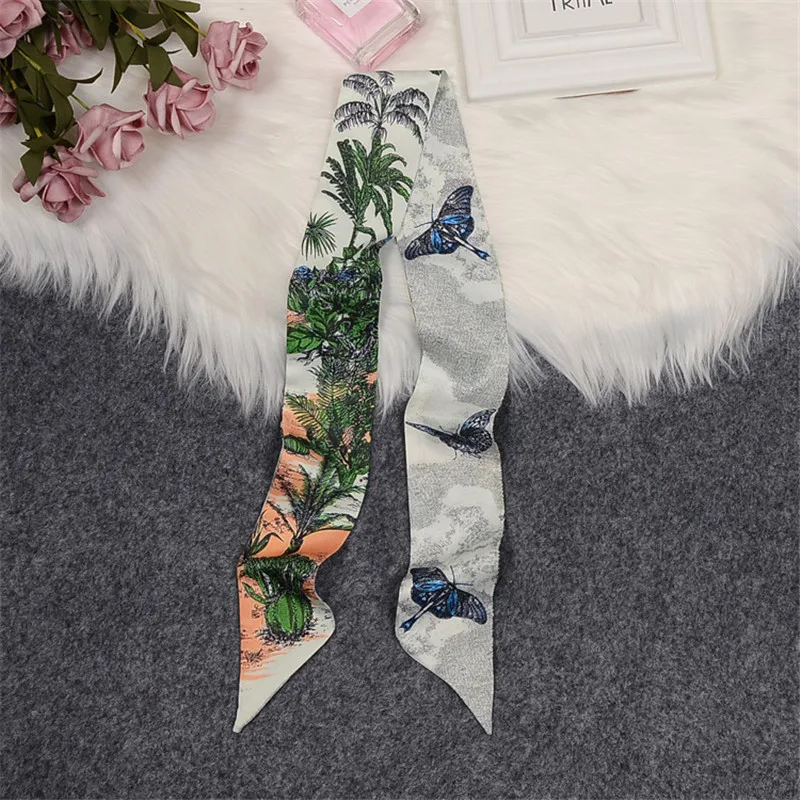 Tropical Plants Butterfly Luxury Brand Scarf Women Skinny Bag Silk Scarves New Design Wrist Towel Foulard Neckerchief Headband