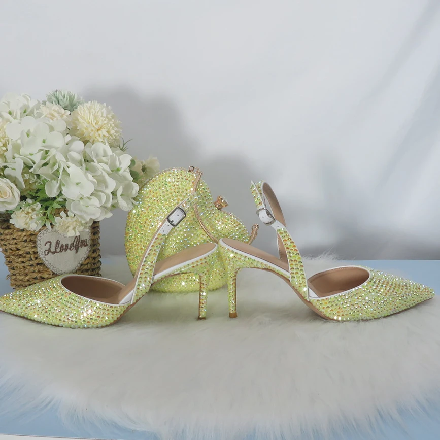 2022 New Arrival Heart Yellow Bling Pointed Toe Wedding Shoes and bag Woman High Pumps Thin Heel Party Dress Shoes Slingbacks