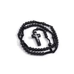 Cheap Catholic Black Wood Rosary Orthodox Pearl Cheap Jesus Cross Woven Wooden Rope Necklace Religious Jewelry Men and Women