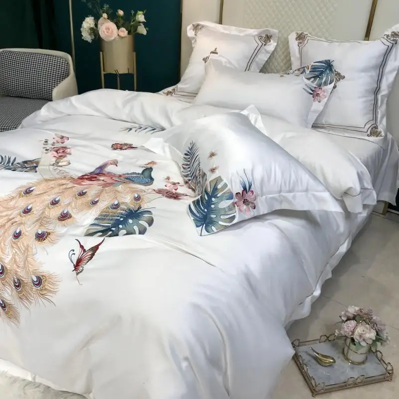 White Flower Bird Embroidery Bedding Sets 4pcs Satin Cotton Duvet Cover Fitted Bed Sheet Bedspread Pillowcase Home Textile