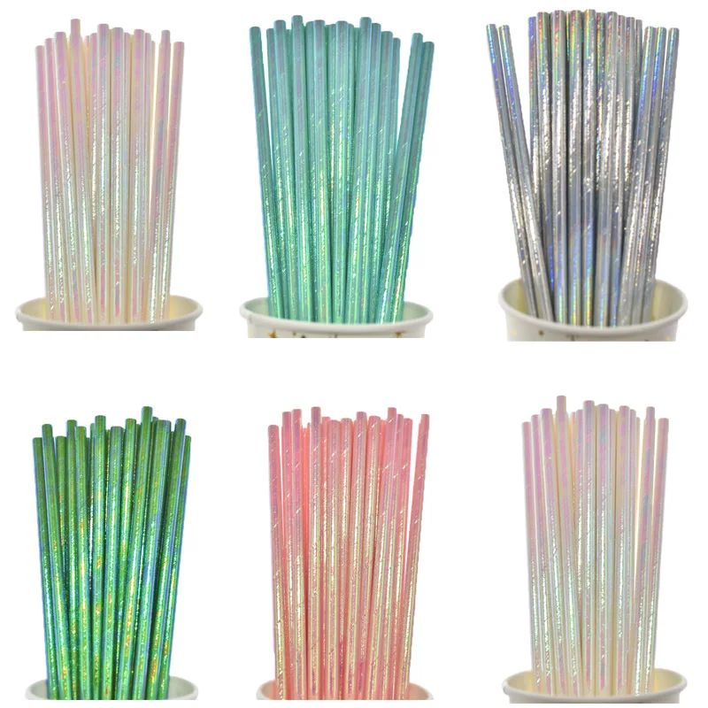 Pearlescent Bronzing Paper Straws Pink Green Gradient Foil Drinking Straws Wedding Birthday Party Decoration Baby Shower Kids