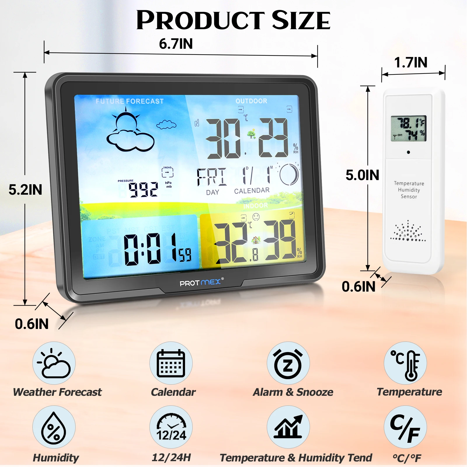 Protmex 20C Stasiun Cuaca Hygrometer Prakiraan Digital Suhu Kelembaban dengan 3 Sensor Nirkabel Monitor Dalam Ruangan Luar Ruangan 7.5"