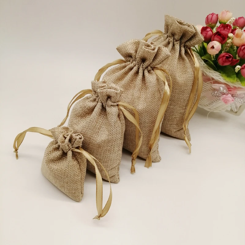 10pcs Sack Jute Gift Bag Silk Ribbon Drawstring Jute Bag Jute Webbing Handles for Bags Gift Packaging Bags Storage Travel Pouch