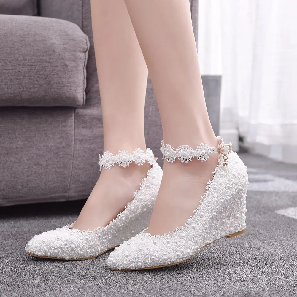 Fashion pink white wedges wedding pumps sweet white flower lace pearl platform pump shoes bride dress high heels Women\'s sandals