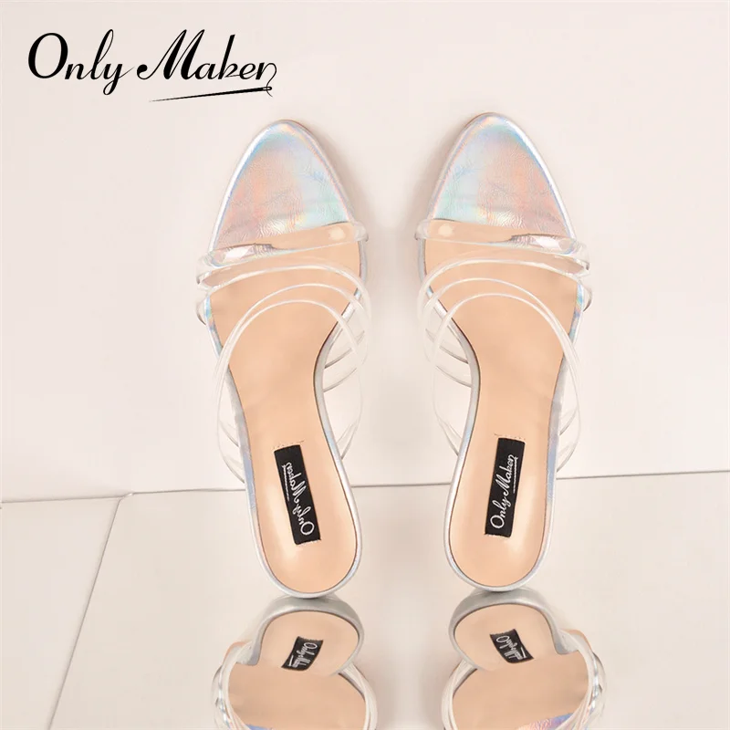 Onlymaker Women\'s Summer Slip-On Sandals PVC Band Pointed Toe Stiletto High Heel Slippers Large Size Concise Casual Fashion