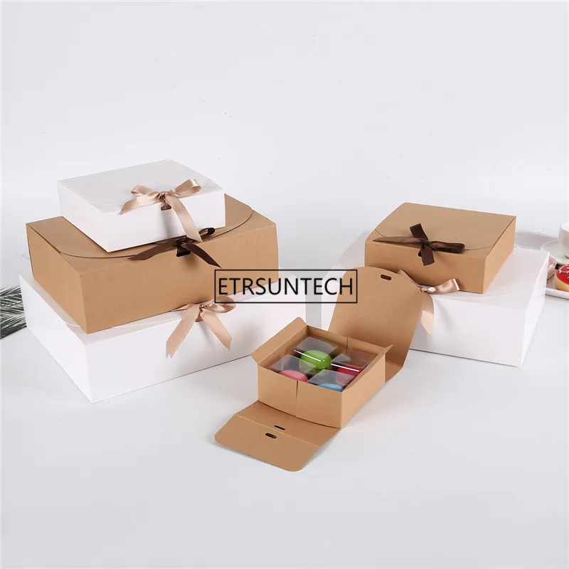

100pcs/lot 4 Size Larg White Kraft Paper Box DIY Wedding Favor Gift Box Single Cake Box Packaging With Ribbon wholesale