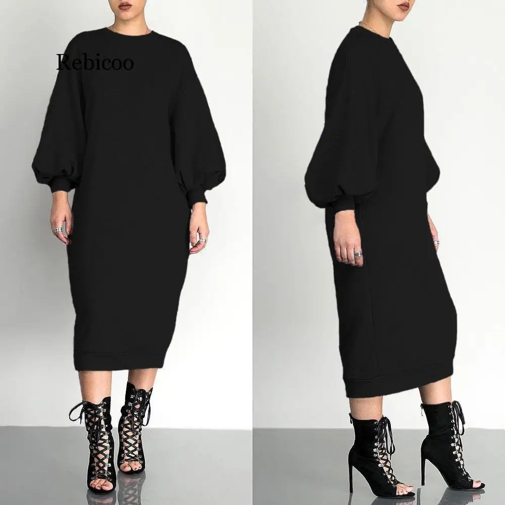 

Women Autumn Casual Dress Solid Color Black Grey Long Loose Long Sleeved Dresses Vestidoes