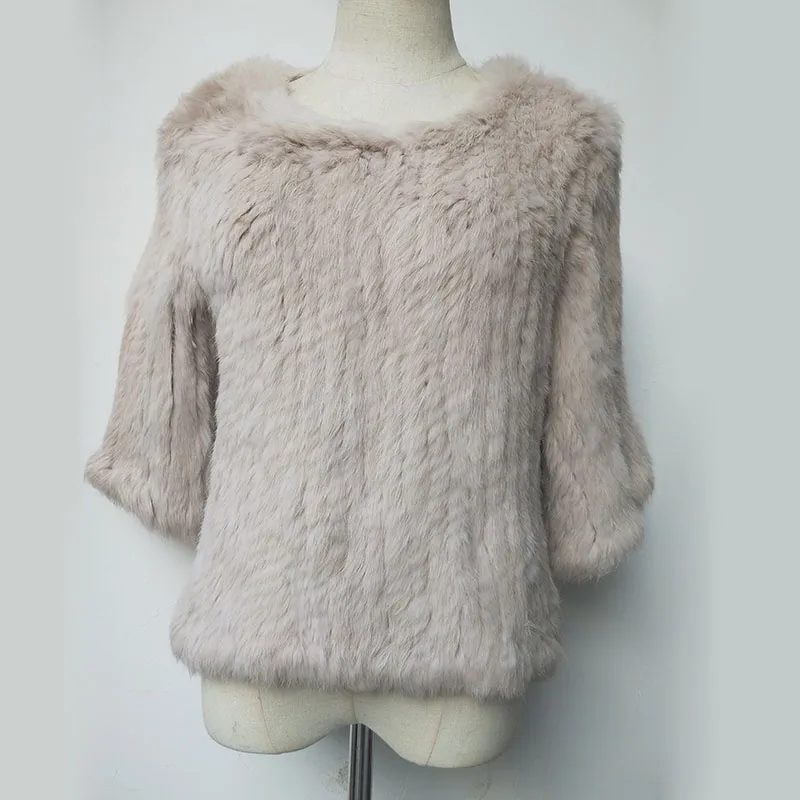 Jersey de piel de conejo Natural para mujer, abrigo de media manga, Chaqueta de punto de piel auténtica cálida para invierno