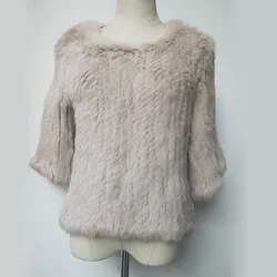 Frauen Natürliche Kaninchen Fell Pullover Mantel. Halbe Hülse Winter Warme Echtem Pelz Gestrickte Outwear Weibliche Jacke