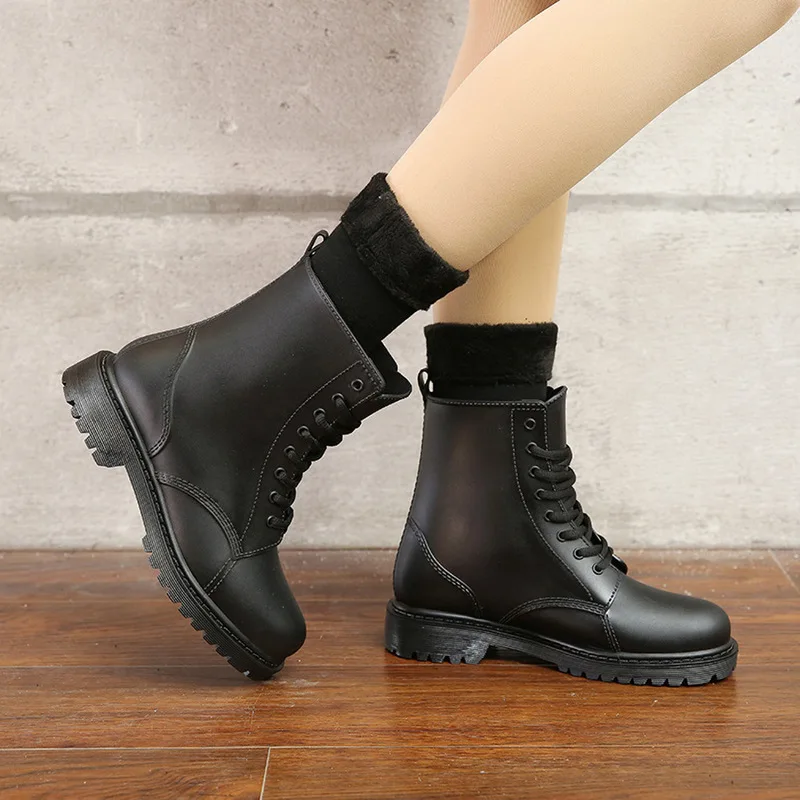 Women\'s Rainboots Waterproof Rain Shoes Platform Woman Mud Water Shoes Rubber Lace Up PVC Ankle Boots Sewing Rain Boots