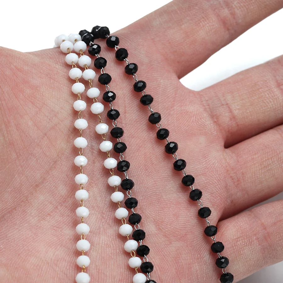 2 Meters  Stainless Steel Chains with Black White Rhinestone Pearl DIY Jewelry Accessories Chains for Bracelet Necklace