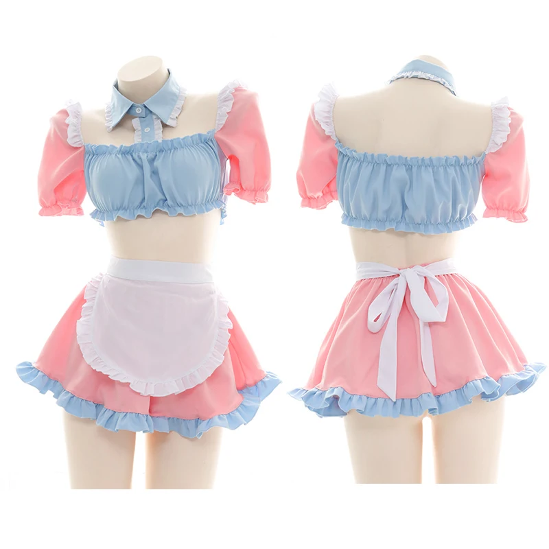 Cute Candy Girl Lolita Pink Blue Maid Dress Anime Princess Cosplay Underwear Set Pajamas Women Sexy Sweet Nightdress Drop Ship