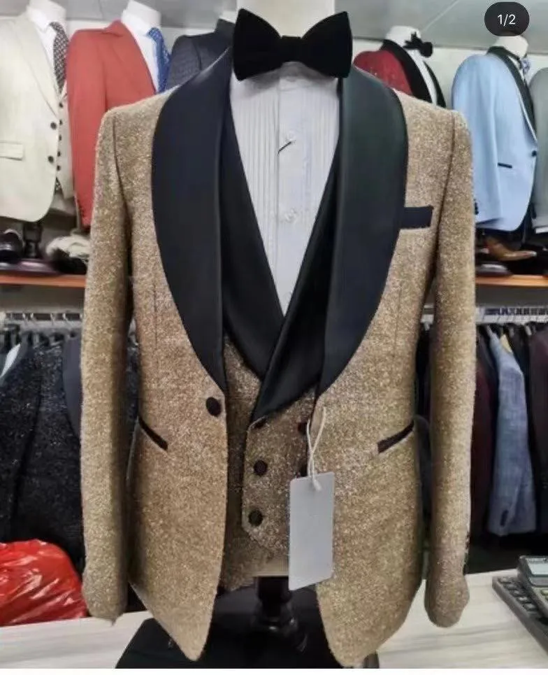 

Custom Latest design Classic Shiny golde with black wedding suits for men slim fit suit groom best party tuxedos 3 piece Blazer