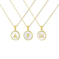 Women Girls Initial Letter Necklace Gold Color Stainless Steel Round Shell 26 Letters Pendants Charm Necklaces Women Jewelry