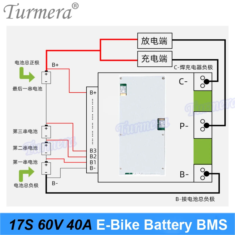 Turmera 17S 60V 71.4V 40A BMS Li-ion Baterai Dilindungi Papan dengan Keseimbangan untuk 18650 21700 Sepeda Listrik atau Penggunaan Baterai E-skuter
