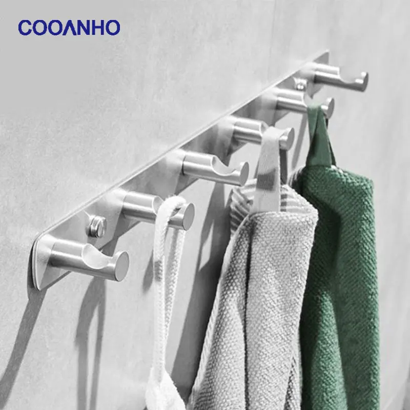 COOANHO Wall-Mounted Hook And Hanger,Stainless SteelHeavy-Duty Hanger BathrobeTowel, 6 Hooks For Bathroom And Kitchen