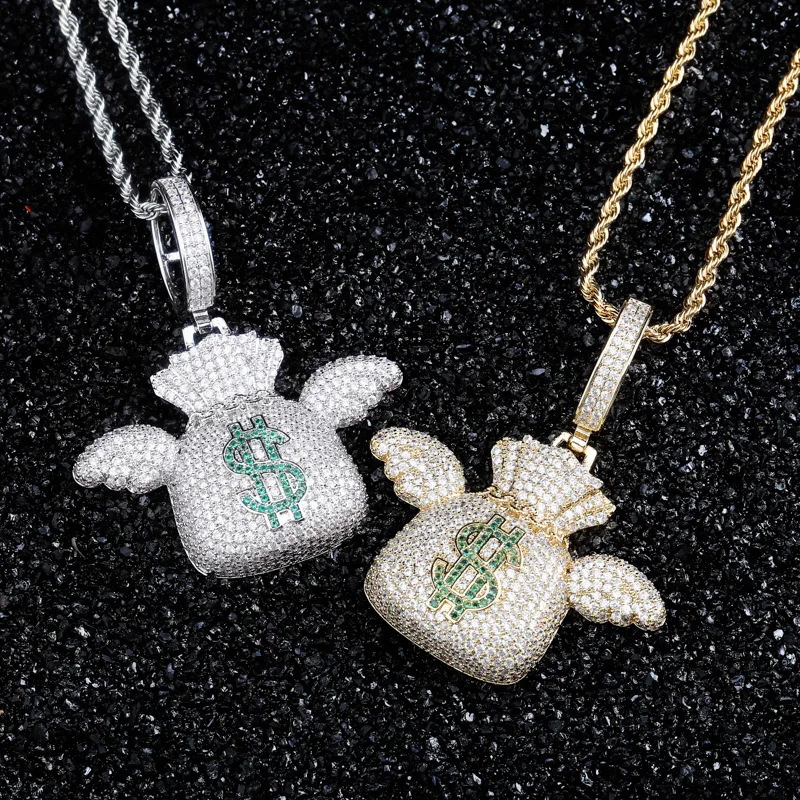 Hip Hop Iced Out CZ Stone Bling US Dollar Money Bag Flying Purse Pendants Necklace for Men Rapper Jewelry Gold Color