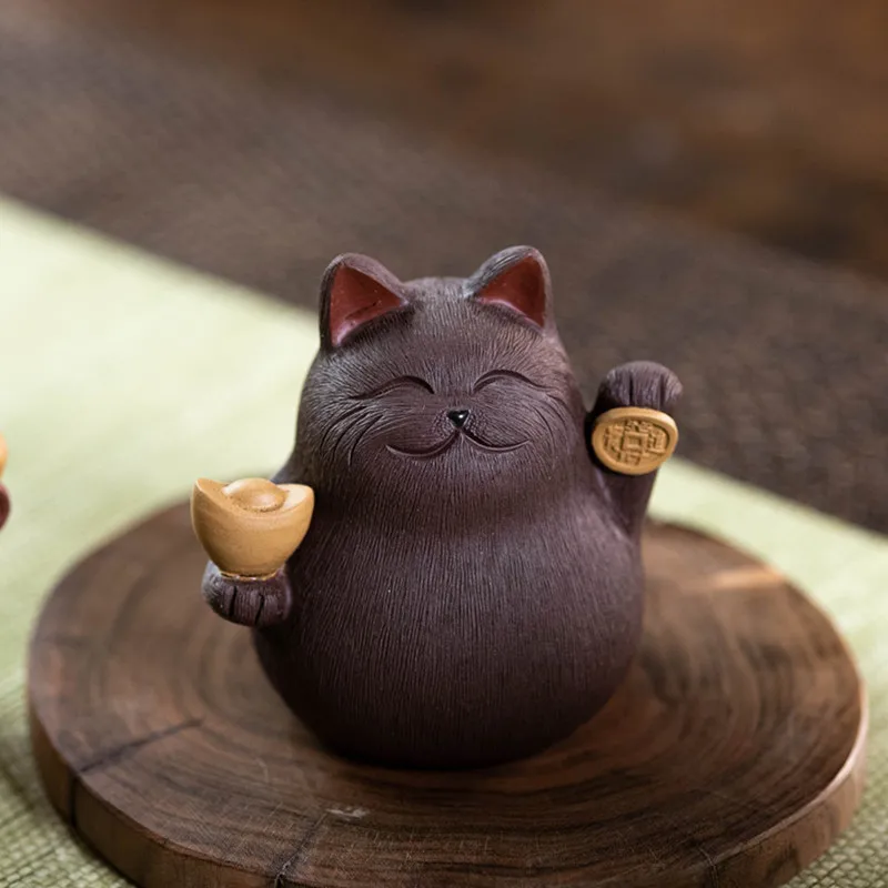 

New Purple Clay Tea Pet Cat Decoration Handmade Sculpture Creative Ingot Lucky Cat Can Raise Tea Set Tea TrayDecor Accessories