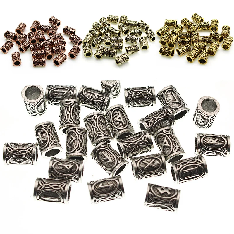 24PCS Viking Rune Beads Big Hole Tube Spacer Beads Accessories Fit Hair Braid Beard Dreadlock Beads Ornament DIY Necklace Making