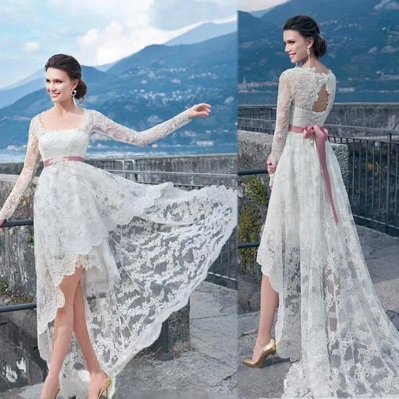 2023 abito da sposa Country bianco maniche lunghe pizzo senza schienale Hi-Lo Tulle festa formale abiti da sposa Boho Robe De Mairage