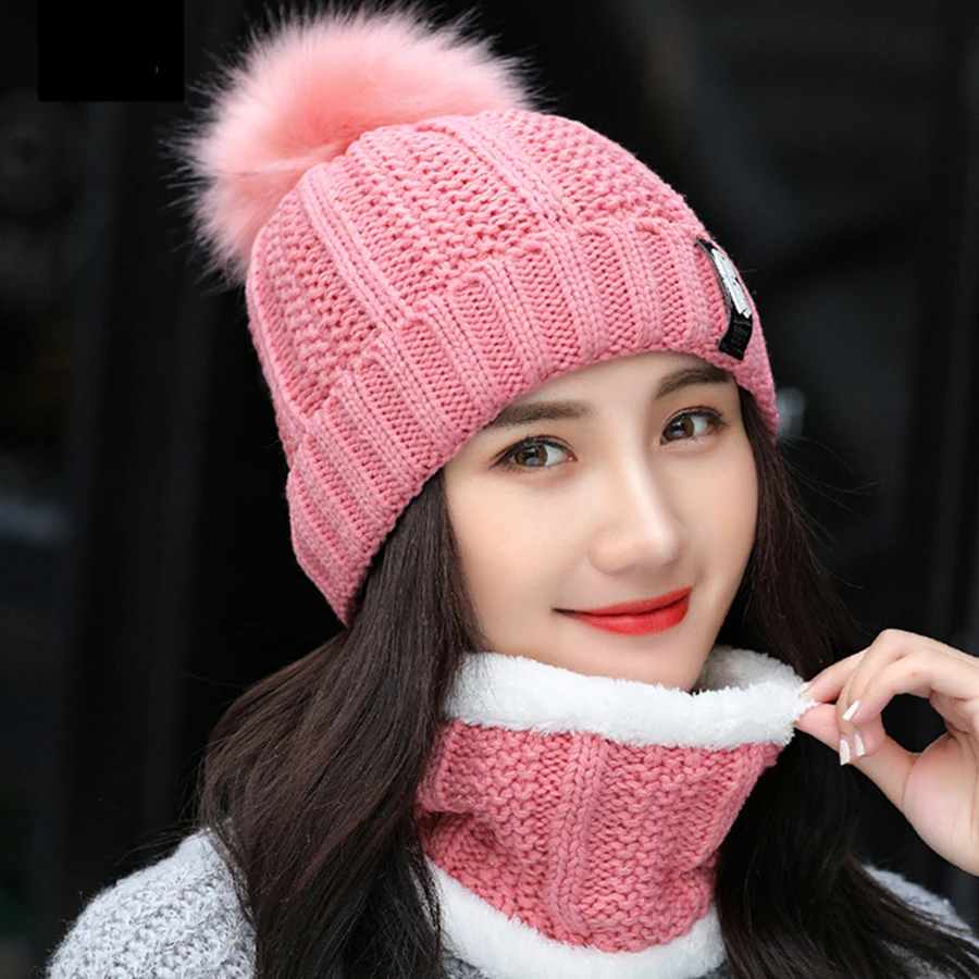 Hot Girl Winter Hats Women With Bib Cute Warm Velvet Wool Hat Female Thicking Riding Windproof Knit Hat Skullies Beanie Caps Set