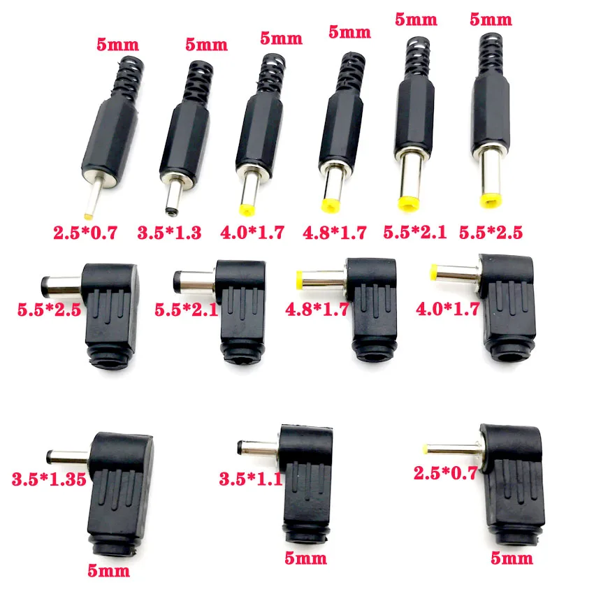 2PCS DC Power Male Plug Jack Adapter 90Degree Male DC Power 5.5x2.1mm 5.5x2.5mm 4.8x1.7mm