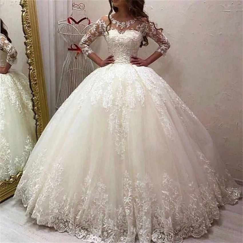 Vestido De novia De princesa De graduación De tul con apliques largos rojos... traje De novia De cola De novia cuello redondo-Manga Boda De princesa Vestido