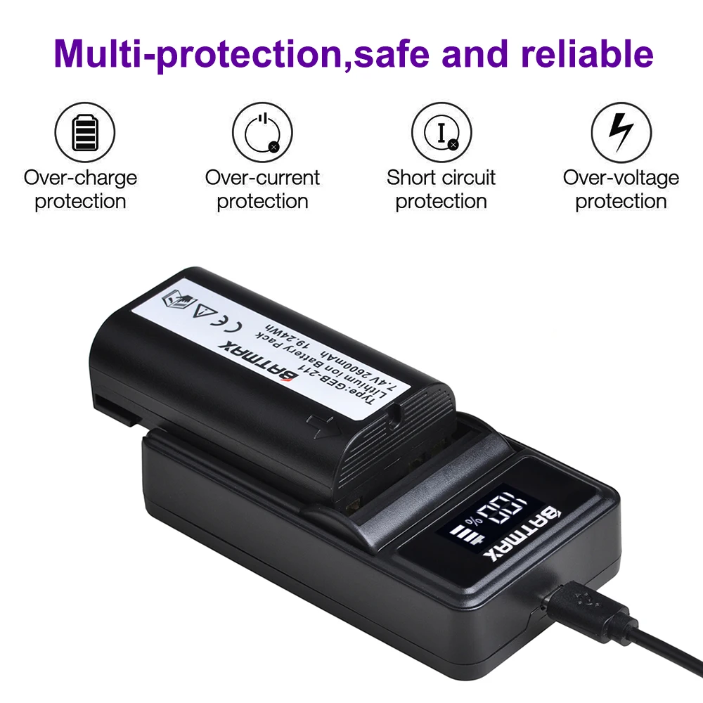 2Pcs 2600mAh GEB211 GEB212 แบตเตอรี่สำหรับ ATX1200 RX1200 GPS1200 GRX1200 GPS + LED USB Charger