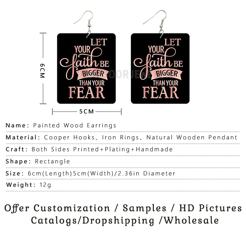 SOMESOOR Faith Over Tear Powerful Sayings Printed Wooden Drop Earrings Black Square Geometric Dangle Jewelry For Women Gifts