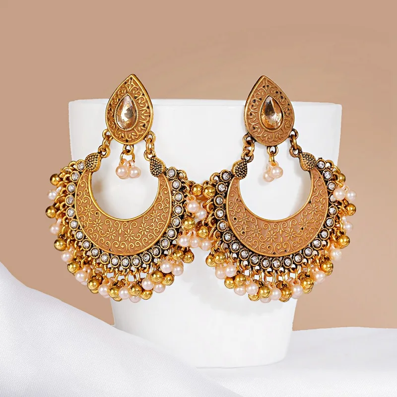 Ethnic Retro Green Sector Carved Turkish Jhumka Earrings For Women Indian Jewelry Pearl Tassel Earrings