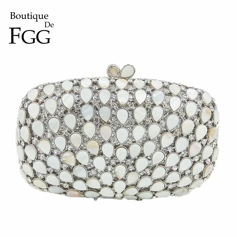 

Boutique De FGG Natural Shell & Crystal Women Silver Evening Bag Party Metal Minaudiere Handbag Bridal Purse Wedding Clutches