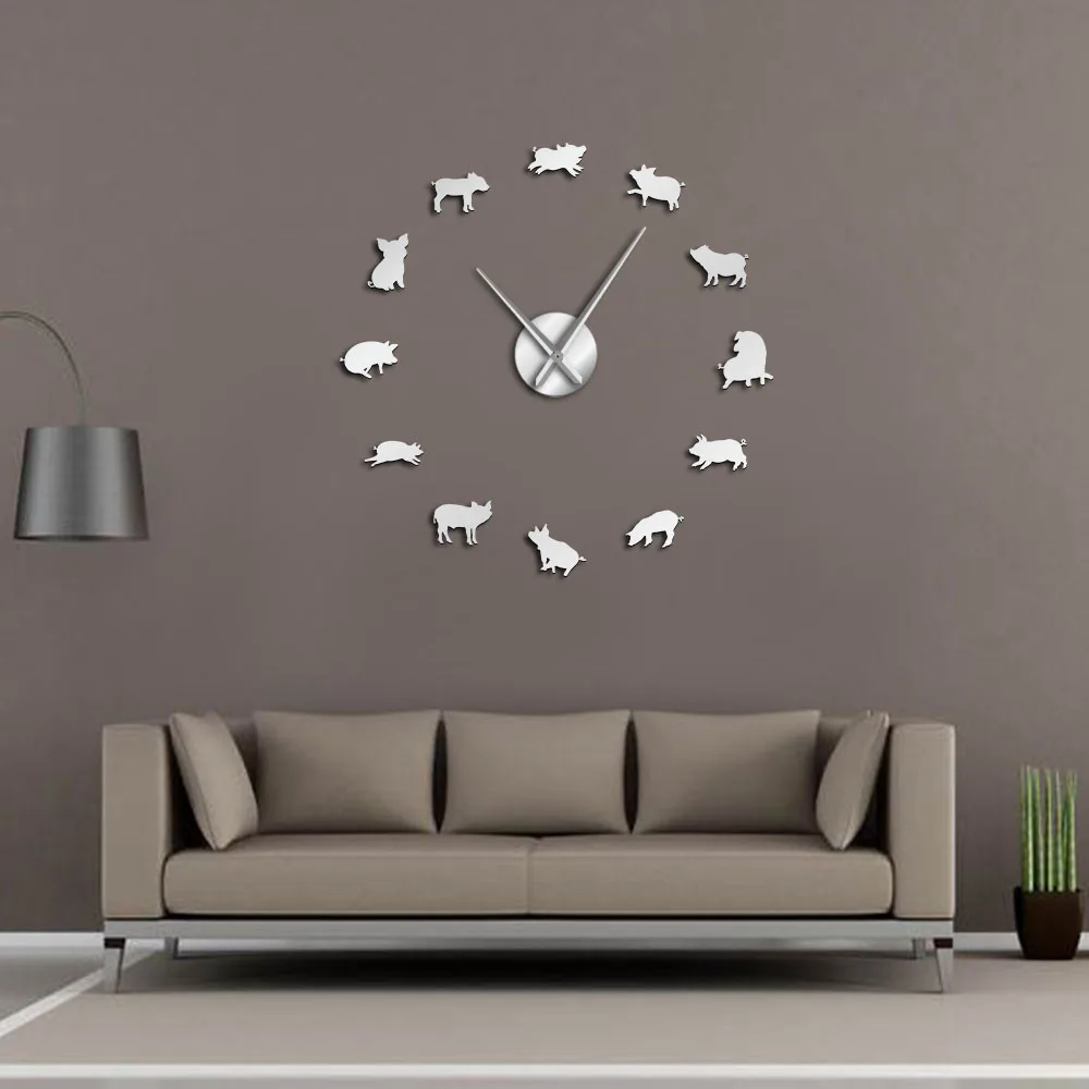 

Cute Pig Cartoon Acrylic Wall Mirror Stickers Silent Framless Wall Clock Piggy Modern Baby Pigs Watch Rooms Nursery Wall Decor