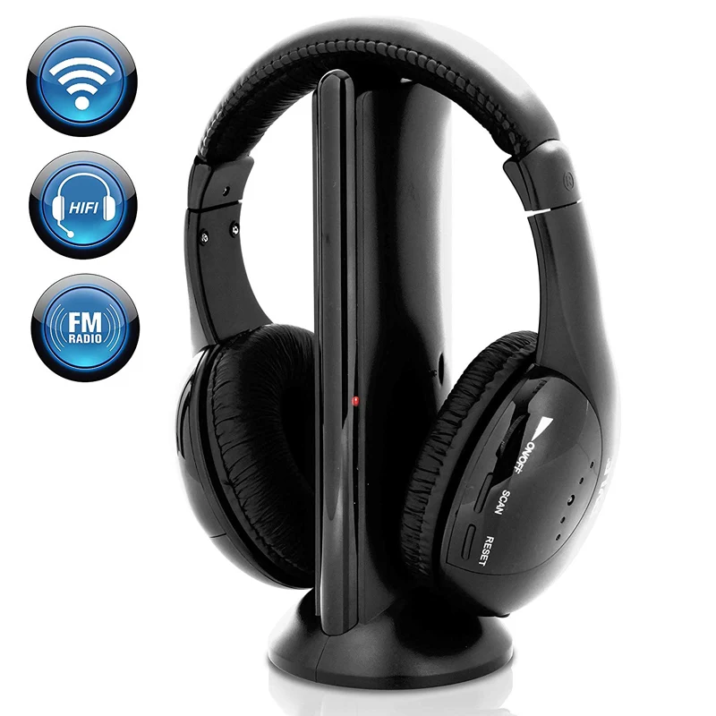 Sem fio Headset de som de alta fidelidade, rádio RF Mic, fone de ouvido sem fio, MP3, MP4, PC, TV, DVD, CD, 5 em 1