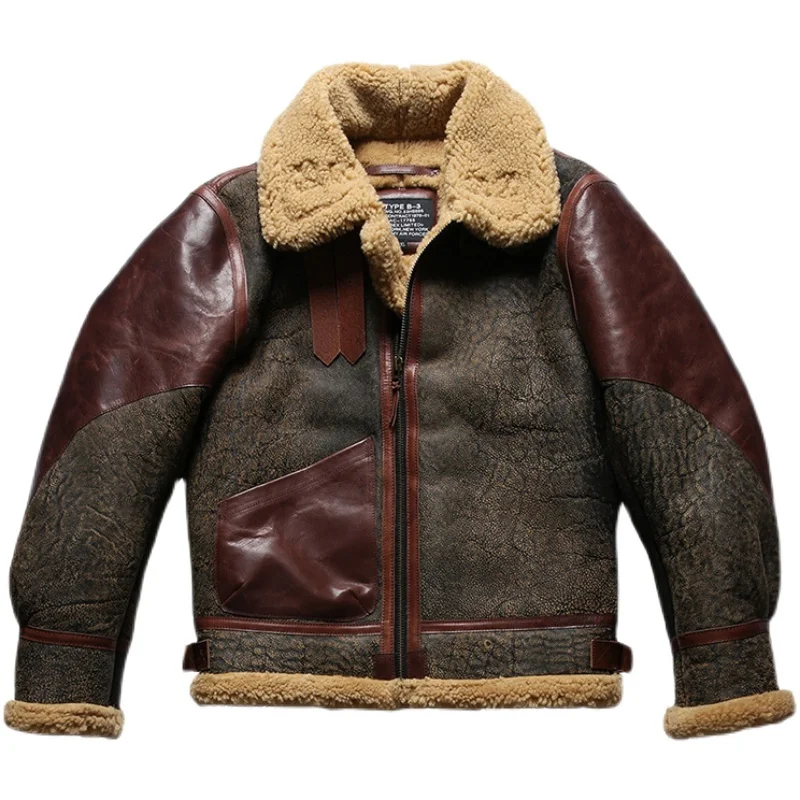 Fast Shipping,Men\'s Winter Shearling Sheepskin Jacket Warm Fur Collar Vintage Air Force Flight B-3 Genuine Leather Jacket