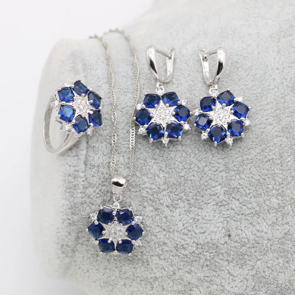 XUTAAYI Luxury Earrings 925 Silver Wedding Jewelry Sets For Women Blue Sapphire Bracelet Rings Bridal Pendant Necklace Set