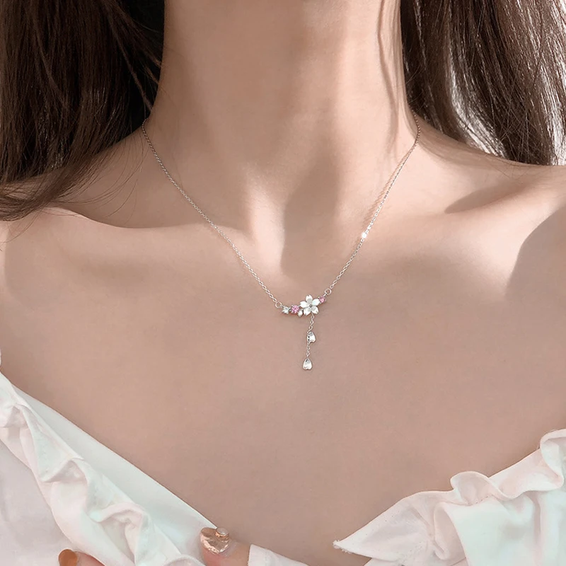 VENTFILLE Silver Color Cherry Flower Shell Long Tassel Necklace for Women Sweet Heart Pendant Clavicle Chain Jewelry Dropship