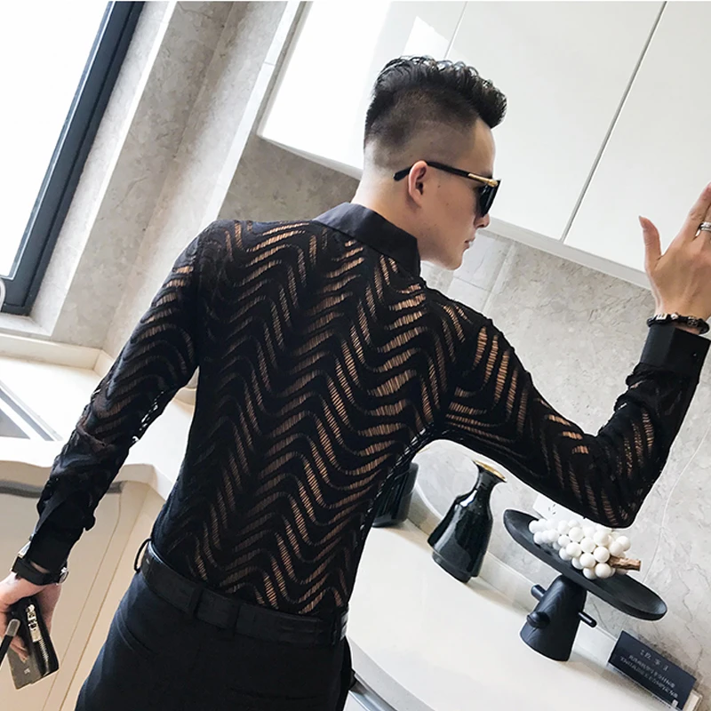 Sexy Transparent Men Long Sleeve Slim Fit Tuxedo Shirt Hollow Camisa Hombre Black White Gothic Party Casual Dress Shirt for Men