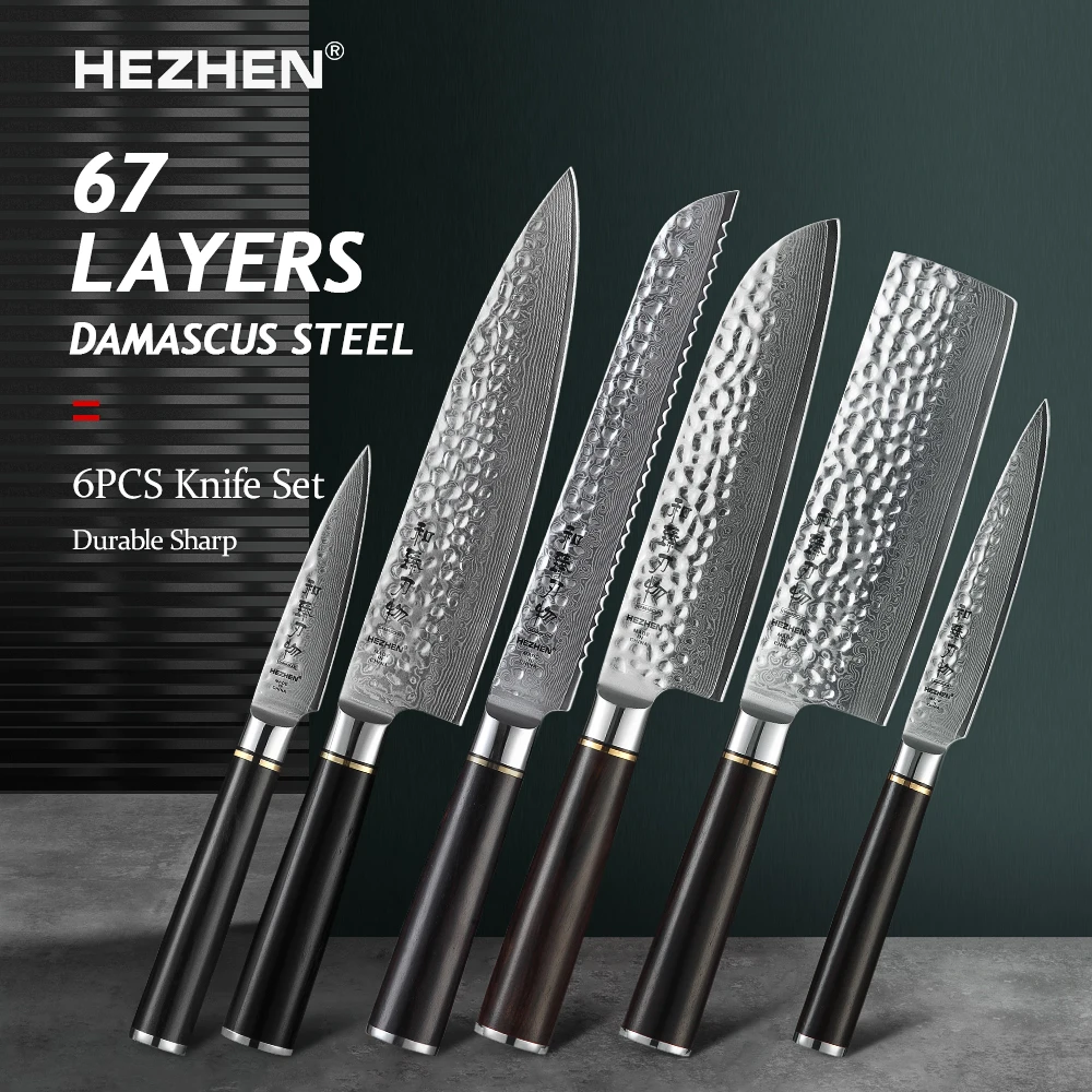 

HEZHEN 1-6PCS Knife Sets 67 Layer Damascus Steel Bread Chef Santoku Cook Japanese Kitchen Knife Super Sharp Kitchen Tool