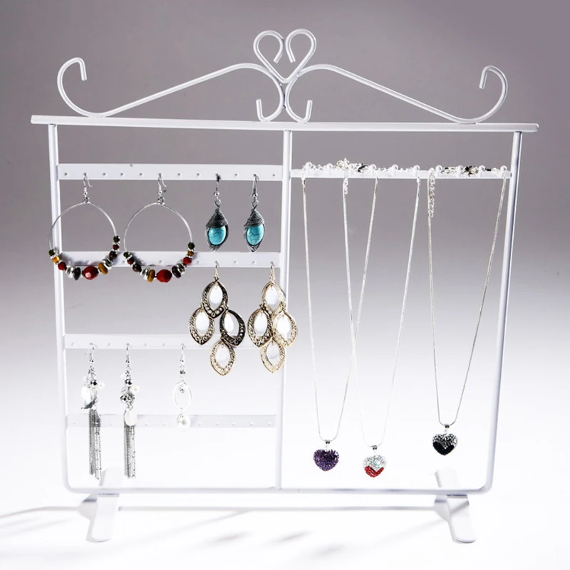 Estante Simple para pendientes y collares, soporte de exhibición de joyería, estante de almacenamiento de mesa para damas con 48 agujeros, 10 ganchos