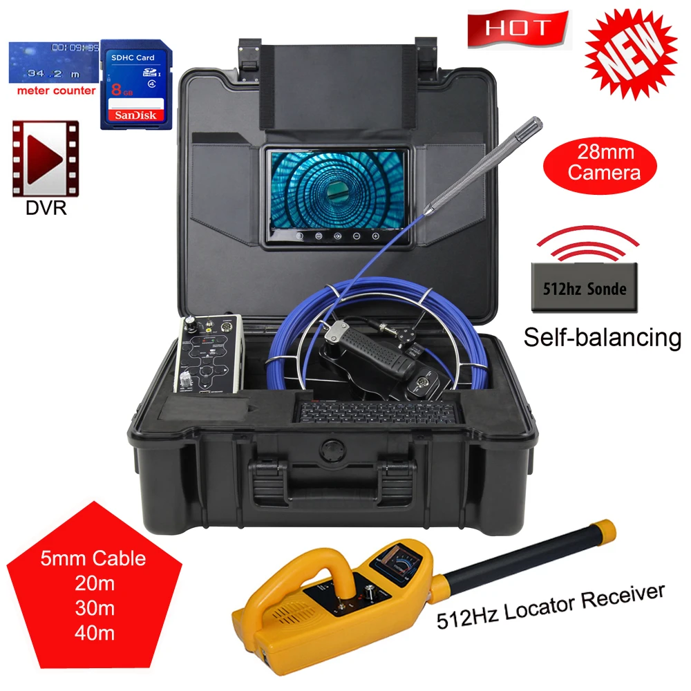 

28mm 512hz Locator Pipe Inspection Camera System Drain Sewer Duct Detection Video Camera 7'Screen DVR Hard Cable Meter Counter