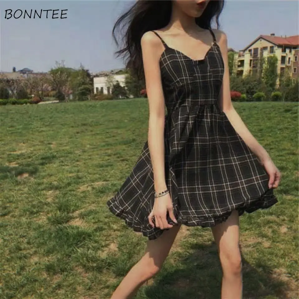 Sleeveless Dress Women Party Chic Retro Plaid Fashion Summer Sexy A-line Ladies Spaghetti Strap Dresses Vacation Female Clothing