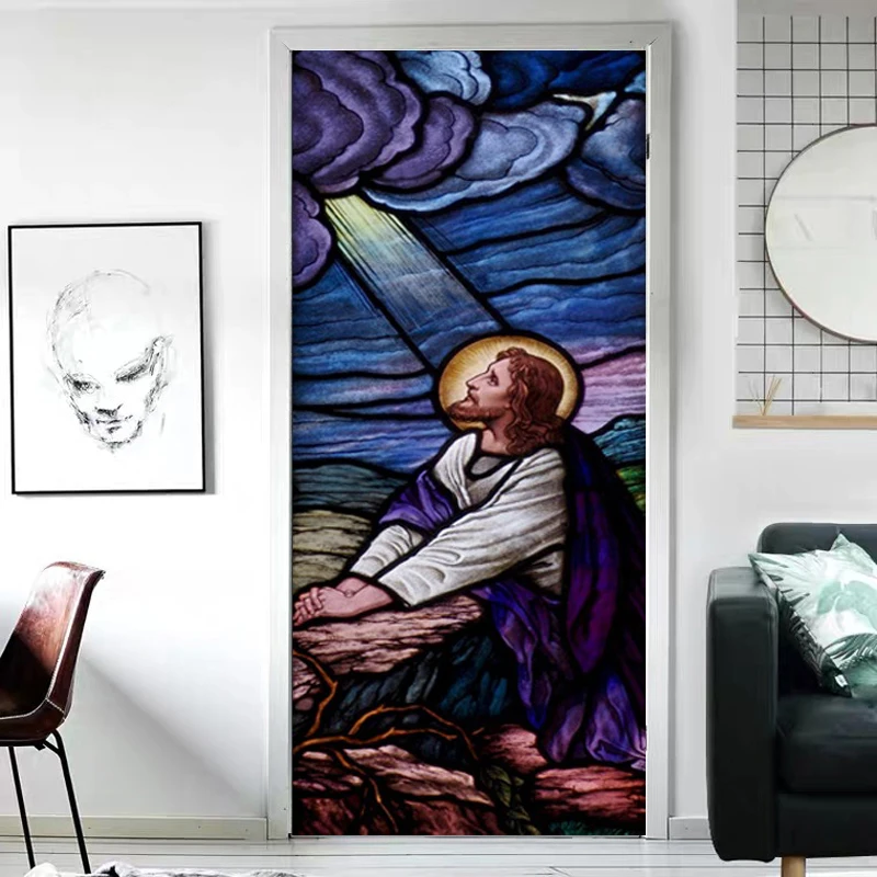 Custom Size Jesus Christ Static Cling Stained Glass Window Film Frosted Sticker for Sliding Door Shower Room Hallway Home Decor